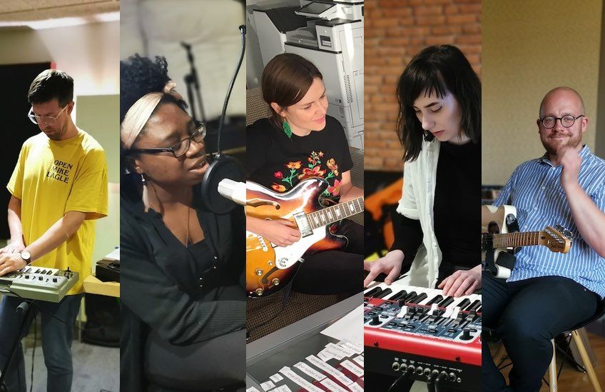 Five musicians playing instruments
